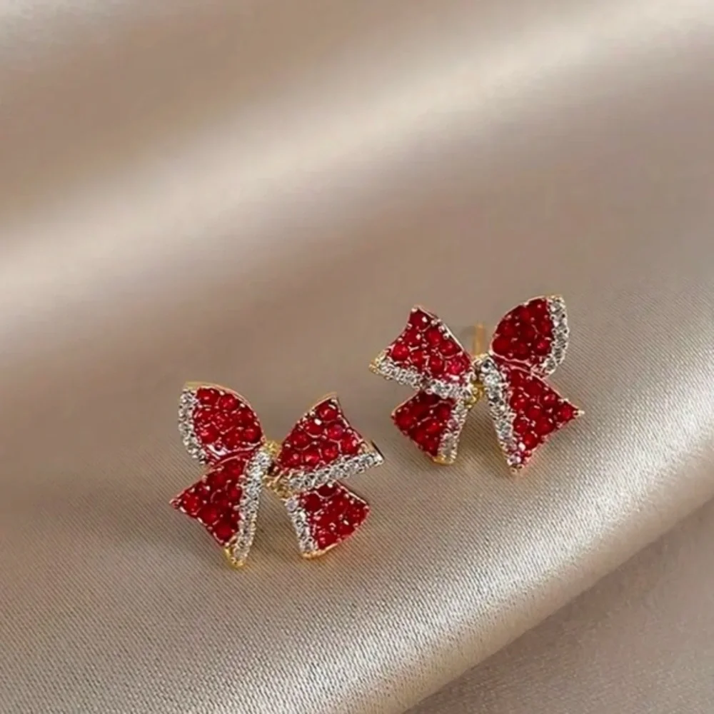 Red Garnet Bow Stud Earrings Simulated Gemstone 14K Gold Plated NWT